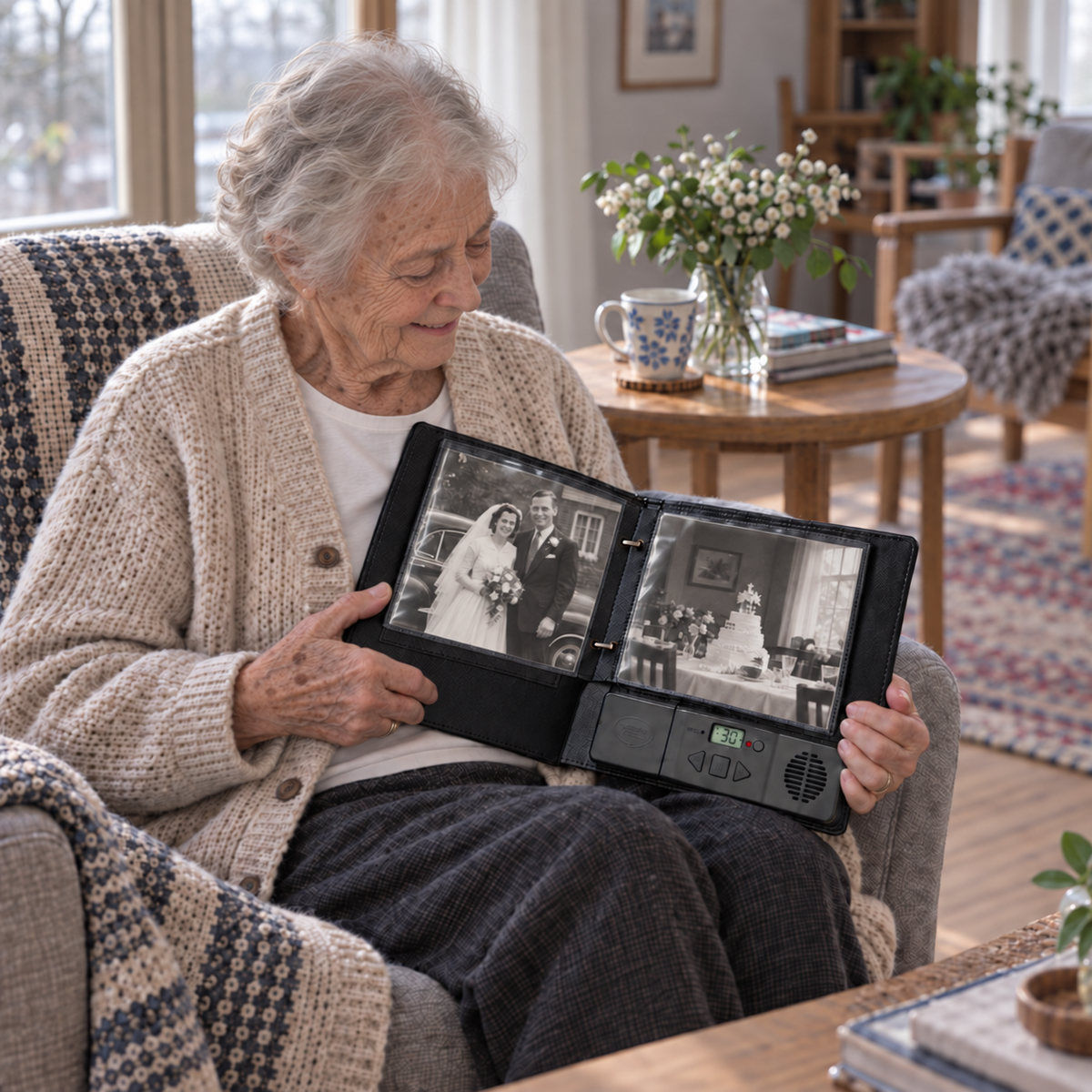 En eldre kvinne ser på svart-hvitt bryllupsbilder i det talende fotoalbumet