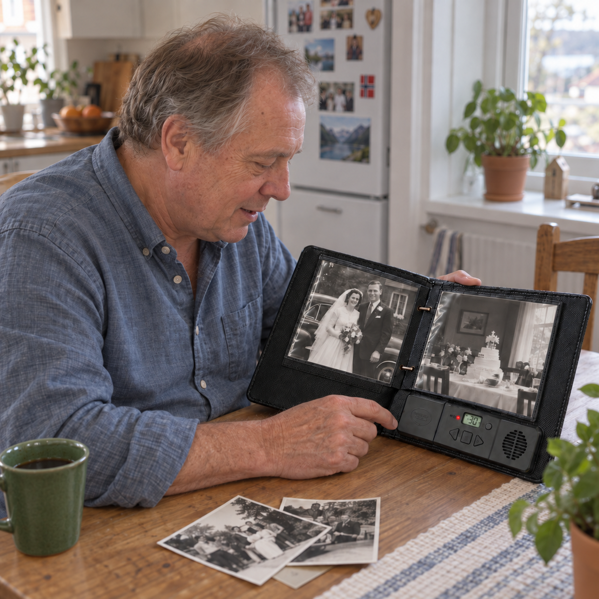 Talende fotoalbum sett skrått ovenfra, åpent på en side med bilder