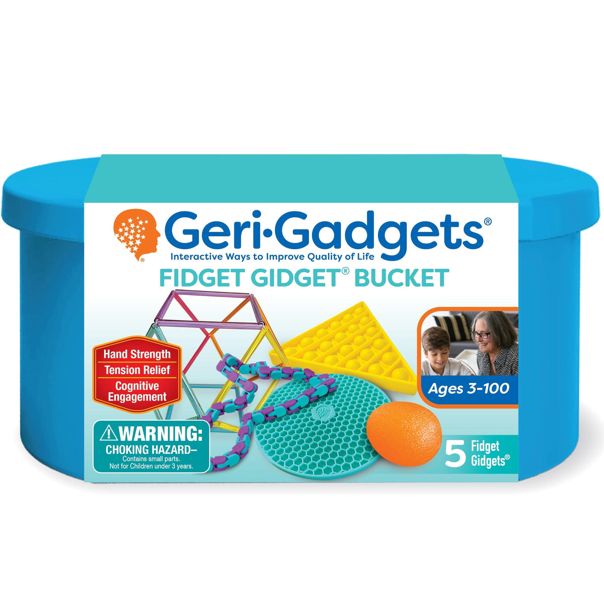 Fidget Gidget Bucket, blå boks med fem fikledingser