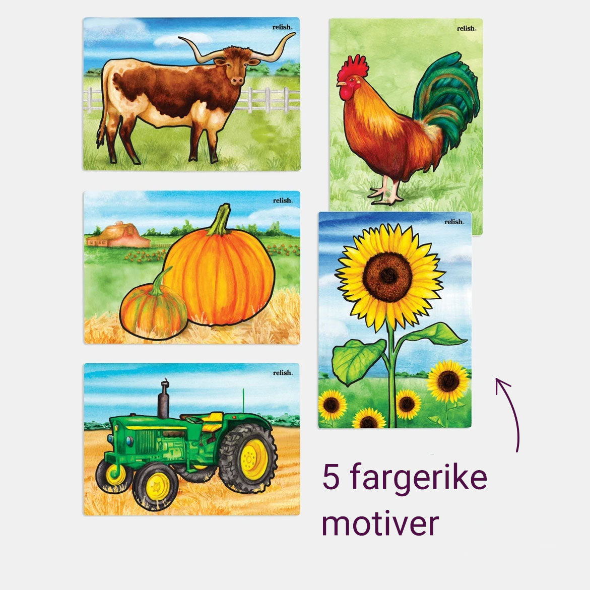 Fem malekort med gårdsmotiver i mappe